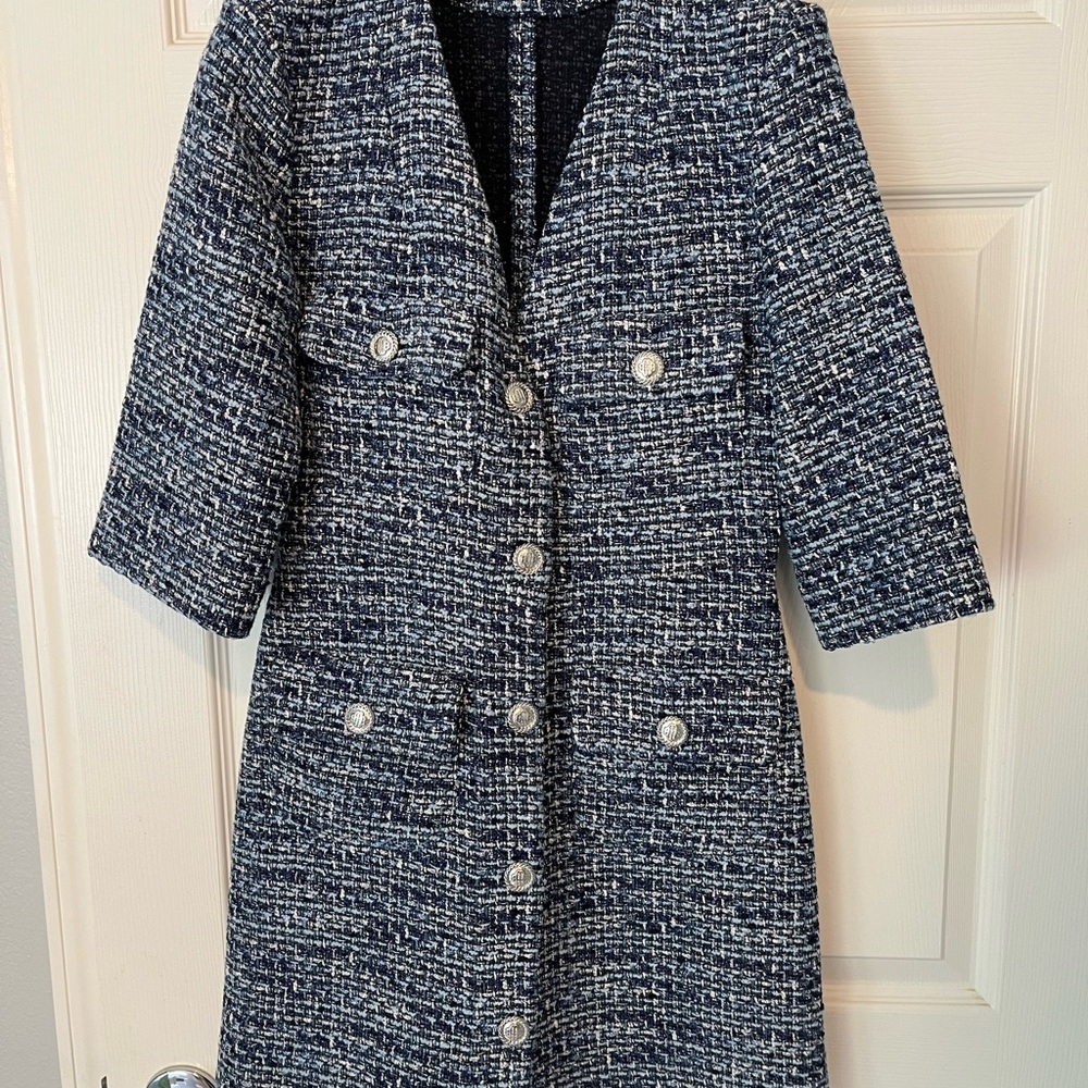 Maje Blue and White Tweed Blazer